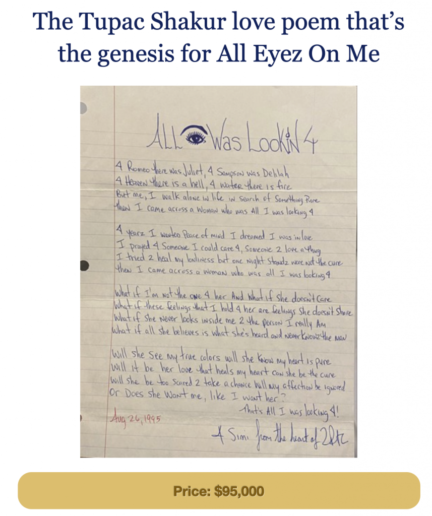 Une Lettre D Amour Ecrite Par Tupac Shakur Mise En Vente